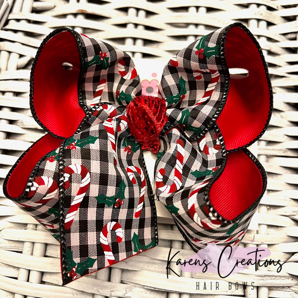 Christmas Black Gingham w/Candy Canes Layered Hair Bow