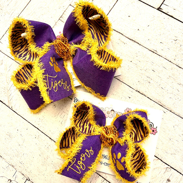 Tigers Fuzzy Edge Embroidered Hair Bow