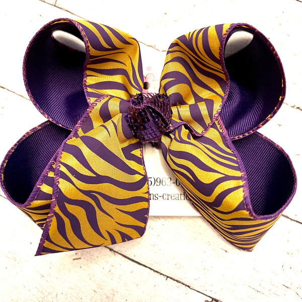 Purple/Gold Tiger Print Layered Hair Bow