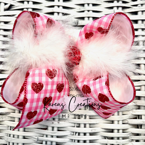 Valentine's Day Pink Gingham Glitter Hearts Hair Bow