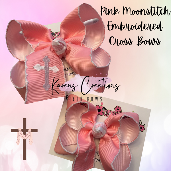 Easter Pink Moonstitch Cross Embroidered Hair Bow