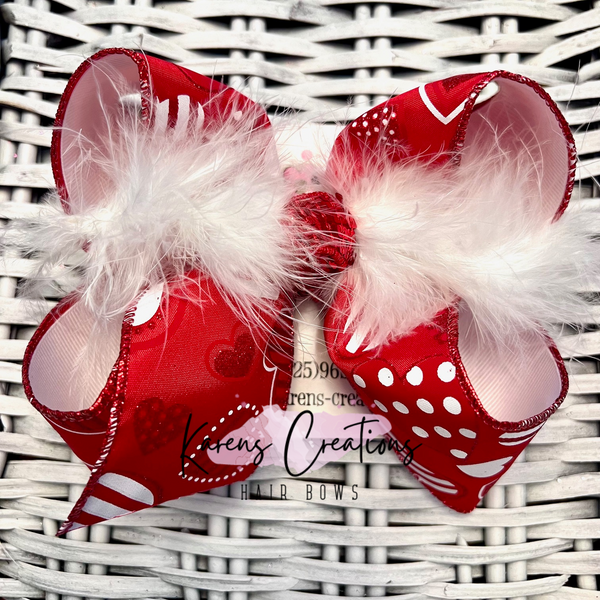 Valentine's Day Red Glitter Patterned Hearts Hair Bow