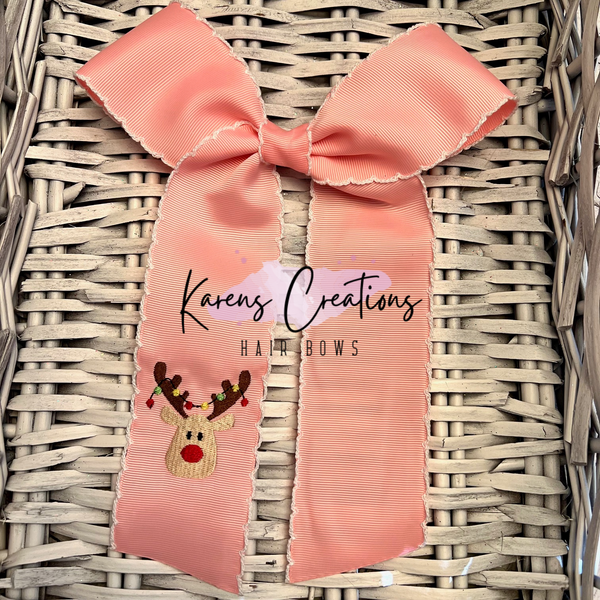 Reindeer Christmas Pink Moonstitch Long Tails Hair Bow