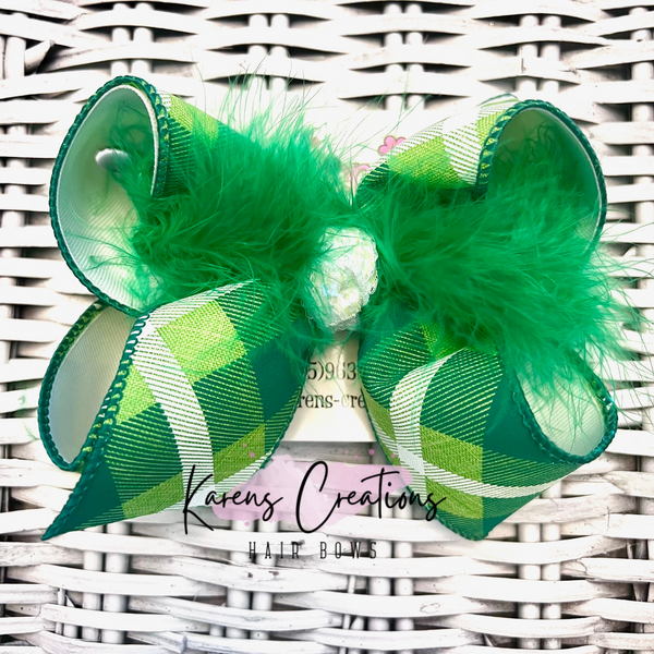 St. Patrick's Day Emerald/White Plaid Hair Bow