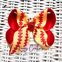 Yellow Red Glitter Laces Softball Print Hair Bow