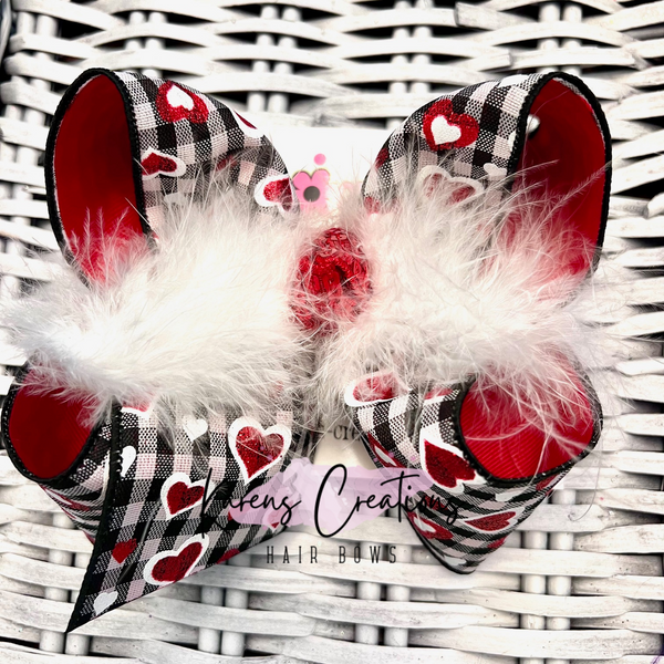 Valentine's Day Black Check w/Red Glitter Hearts Hair Bow