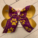 LSU Themed Purple w/Yellow Paw Prints Jumbo or Large Layered Hair Bow