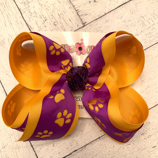 LSU Themed Purple Cut Out Paw Print Large Medium or Small Layered Hair Bow