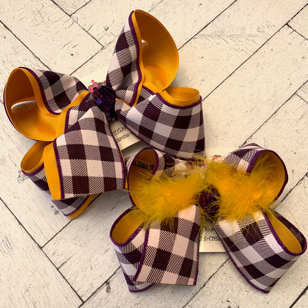 LSU Themed Gold w/Purple Check Print Jumbo or Large Layered Hair Bow