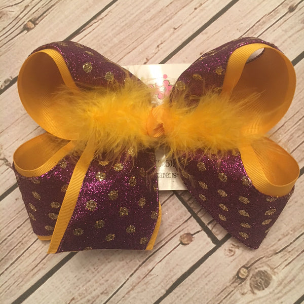 Purple w/Gold Glitter Dots LSU Themed Jumbo or Large Layered Hair Bow