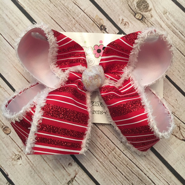 Red/White Glitter Stripes w/Snowdrift Edge Jumbo or Large Christmas/Holiday Layered Hair Bow