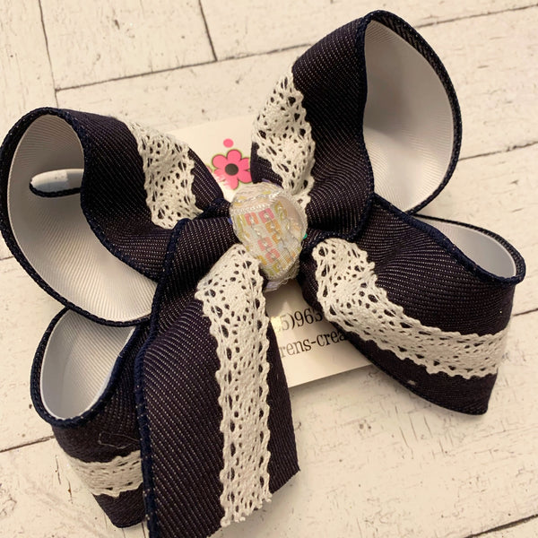 Denim and White Lace Center Jumbo or Large Layered Hair Bow