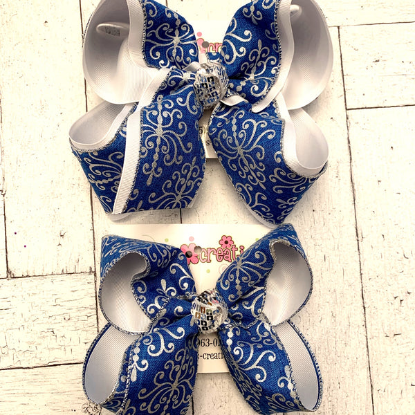 Blue Canvas w/Silver Glitter Damask Print Jumbo or Large Layered Hair Bow
