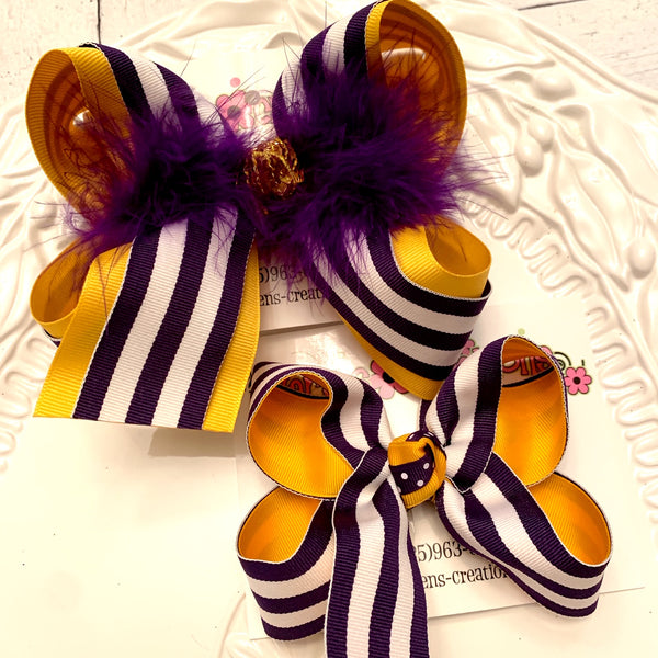 LSU Themed Gold/Purple Stripes Large Medium or Small Layered Hair Bow