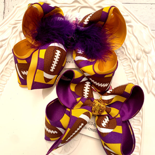 LSU Themed Football Purple/Gold Stripes Jumbo or Large Layered Hair Bow