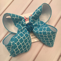 Turquoise Canvas Quatrefoil Print Jumbo or Large Layered Hair Bow