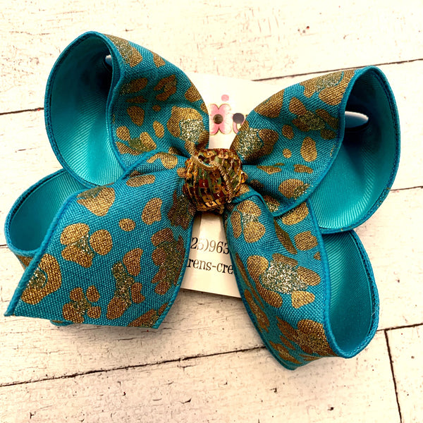 Teal Turquoise Glitter Leopard Print Jumbo or Large Layered Hair Bow