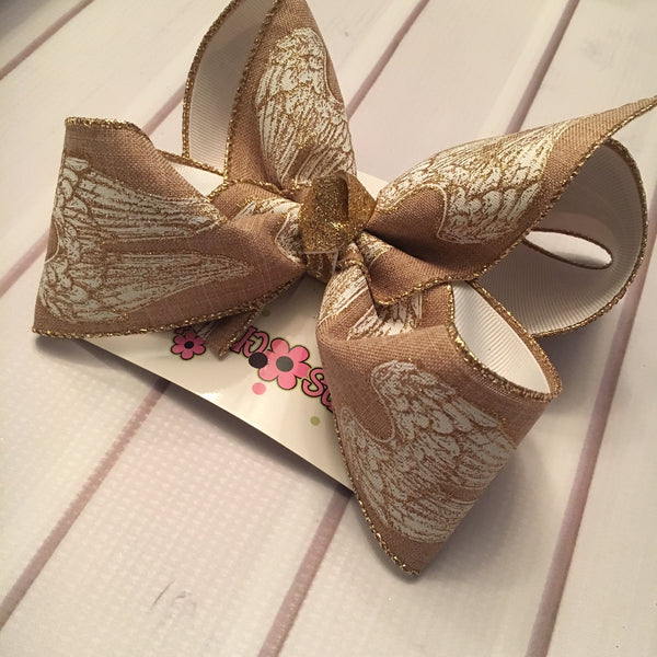 Canvas Glitter Angel Wings Jumbo or Large Layered Hair Bow