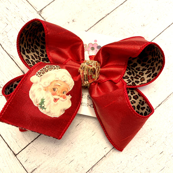 Santa w/Leopard Print Hat Large Layered Hair Bow