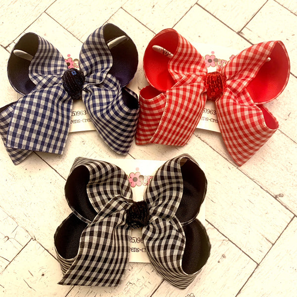 Navy Red Black Gingham Print Jumbo or Large Layered Hair Bow