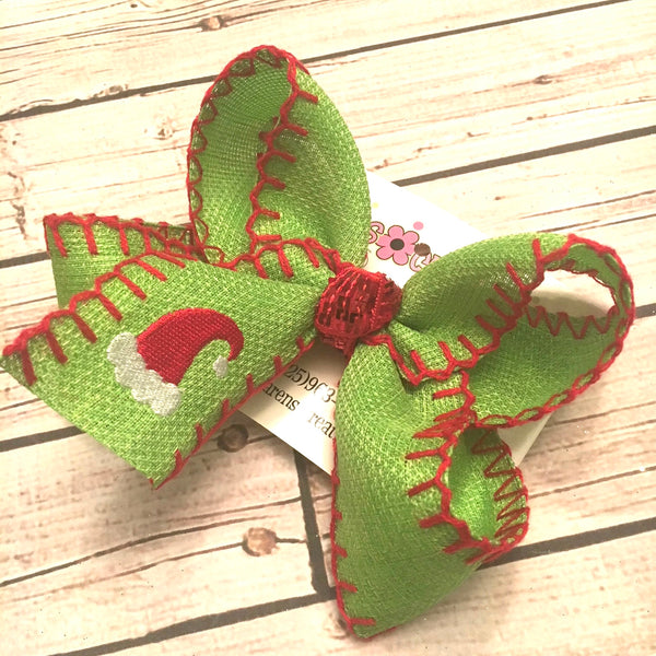 Embroidered Santa Hat Lime w/Red Blanket Stitch Christmas Jumbo or Large Hair Bow